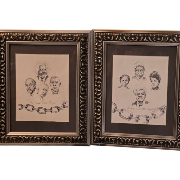 Set of 2 Framed Hand Signed Black History Graphite Drawings by T. Ellis - Picture 2 of 14